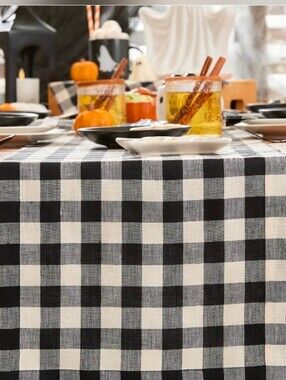 Polyester 13"x70" Table Runner Black/Cream - Gingham Buffalo Plaid Design